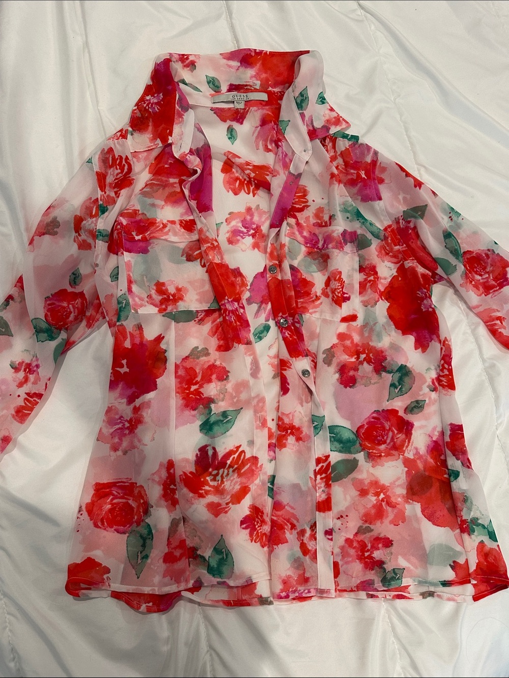Guess Floral Sheer Blouse in Red, Pink & Green